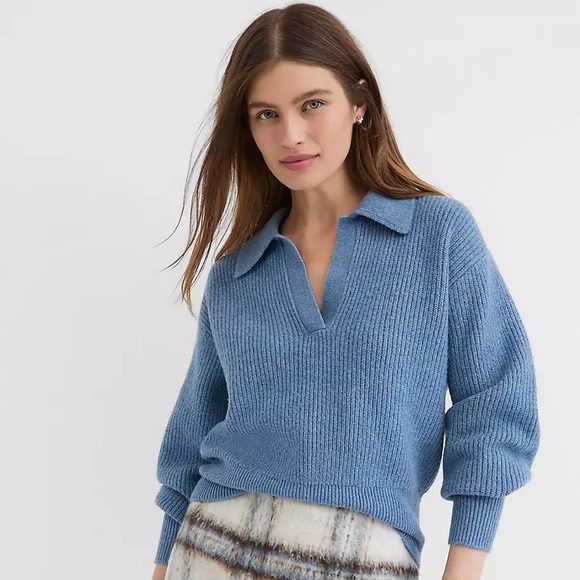 LOFT Ribbed Collared Blue V-Neck Ribbed Sweater - Picture 4 of 4